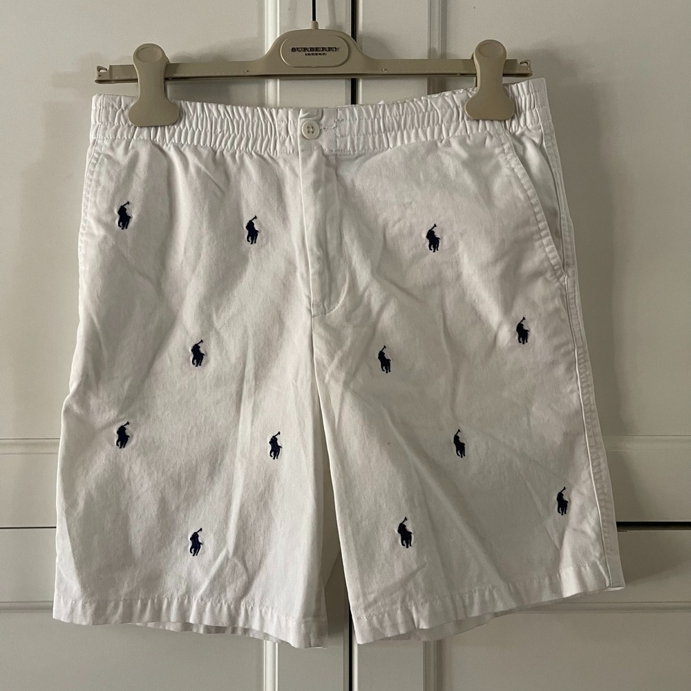 Polo Ralph Lauren Kids White Chino Shorts Navy Pony Logo Size 18 Elastic Waist